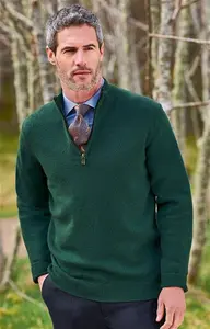 House Of Bruar Men's Country Lambswool T-Zip Jumper - Bottle Green