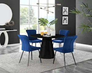 Furniturebox UK Palma Black Semi-Gloss Round Pedestal Dining Table & 4 Blue Velvet Nora Black Leg Chairs