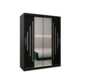 Timeless York I Mirrored Sliding Door Wardrobe with Shelves and Hanging Rails in Black H2000mm W1500mm D620mm