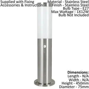 IP44 Outdoor Bollard Light & PIR Sensor Stainless Steel 12W E27 450mm Lamp Post