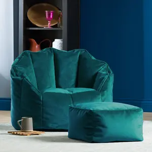 Icon Velvet Bean Bag Chair & Footstool Teal Green