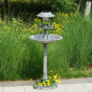 Grey Pedestal Bird Bath Feeder Planter Solar Light Garden Feeding Table Station