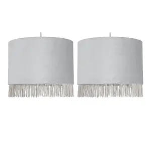 First Choice Lighting Set of 2 Fringed Silvery Grey 23cm Fringed Velvet Pendant Shades