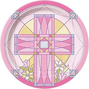 Unique Party Paper Sacred Cross Disposable Plates (Pack of 8) Pink/Yellow (One Size)