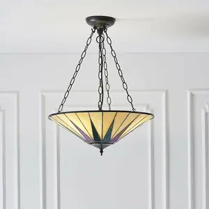 Tiffany Glass Hanging Ceiling Pendant Light Dark Bronze 3 Lamp Shade i00096