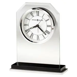 Modern & Contemporary Roman Numeral Quartz Movement / Crystal Alarm Tabletop Clock in Black Satin/White/Polished Silver