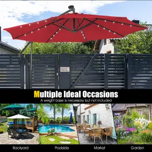 Costway 3 x 3m Cantilever Parasol Backyard Patio Offset Umbrella w/ 32 Solar-Powered LED Lights