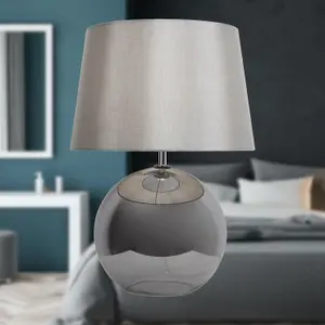 First Choice Lighting Ball Smoked Glass Table Lamp with Grey Fabric Shade