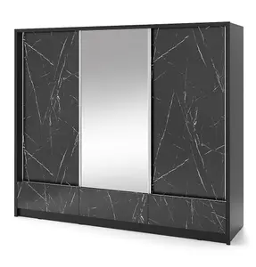 Aria I Mirrored Sliding Three Door Wardrobe 250cm in Black Marble