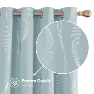 Deconovo Eyelet Blackout Curtains Thermal Insulated Silver Wave Line Foil Printed Curtains W66 x L54 Inch Light Blue 2 Panels