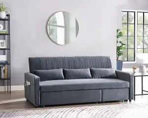 Devon 3 Seater Storage Chaise Pull Out Fabric Grey Velvet Sofa bed