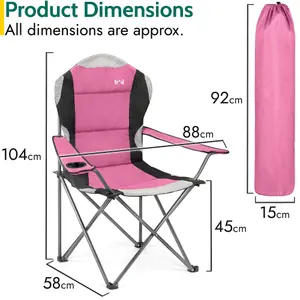 Folding Camping Chair Deluxe Padded High Back Portable Garden Fishing Trail - Pink