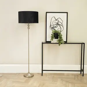 ValueLights Maggie Brushed Chrome Silver Candlestick Floor Lamp with Black Velvet Lamp Shade