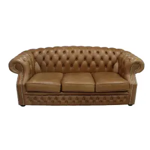 Chesterfield 3 Seater Old English Tan Leather Sofa Bespoke In Buckingham Style