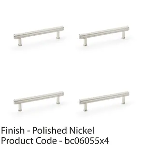 4 PACK - Reeded T Bar Pull Handle - Polished Nickel 128mm Centre SOLID BRASS Drawer Lined