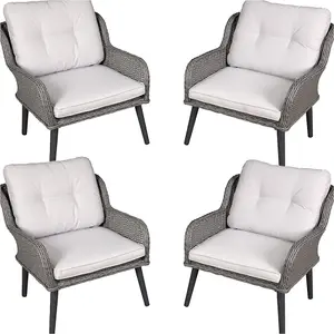 Stylish 4 Pack Outdoor Dining Armchairs with Cushions in Grey Rattan Wicker