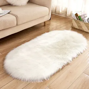 White Oval Soft Shaggy Rug Kids Rooms Decor Floor Rugs 90cm L x 60 cm W