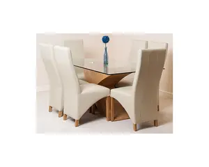 Valencia 160 cm x 90 cm Glass Dining Table and 6 Chairs Dining Set with Lola Ivory Leather Chairs