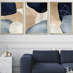 Set of 3 Abstract Blue, Beige, Gold Shapes Wall Art Prints / 50x70cm / Gold Frame