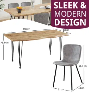 Hallowood Furniture Cullompton Large Dining Table Live Edge Effect Top (1.6m) with 4 Grey Leather Effect Chairs