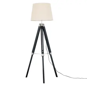 ValueLights Clipper Black Wood and Silver Chrome Tripod Floor Lamp with Beige Tapered Light Shade with 6w LED GLS Bulb