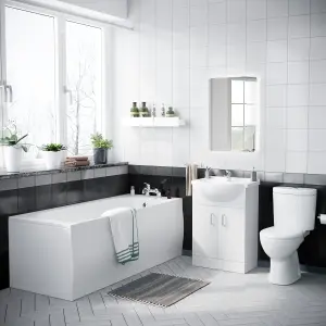 Nes Home Bath Suite 1700mm Bath, 550mm White Basin Vanity, Toilet, Taps & Wastes