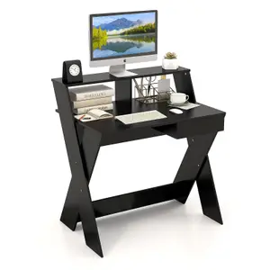 Costway Wooden Computer Desk Home Office Writing Desk with Monitor Stand Riser X-shaped Black