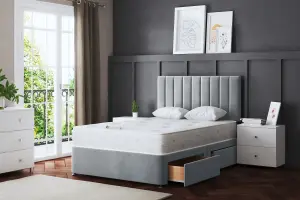 Amelia Silver Upholstered Panel Divan Bed with Headboard and Two Drawers Double