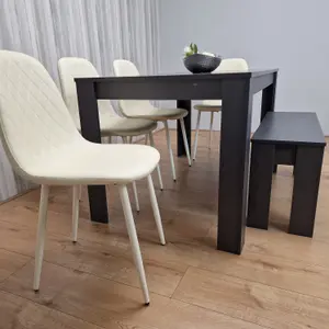 Dining Table Set 4 Grey Dining Table and 4 Diamond Padded Stitched Cream Chairs with 1 Bench