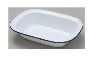 Falcon 22cm Oblong Enamel Pie Dish Non Stick Oven Baking Dish White Blue Rim