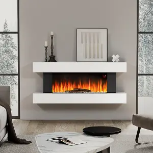 Electric Fire Suite Black Fireplace with White LED Surround Set Remote Control Both Side Nightlight 52 Inch