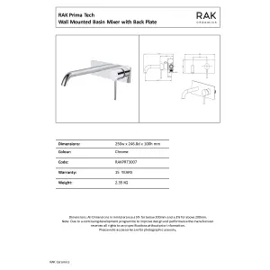 RAK Prima Tech Polished Chrome Modern Basin Wall Mounted Sink Mixer Tap Solid Brass