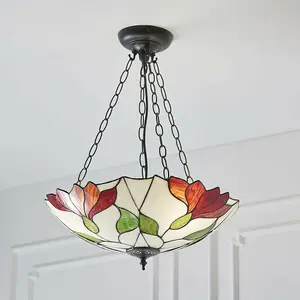 Tiffany Glass 3 Ceiling Light Pendant - Modern Floral Design - Dark Bronze Finish