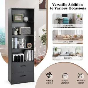 Costway 188 cm 6-Tier Tall Bookshelf Freestanding w/4 Open Shelves & 2 Drawers Living Room Home Office