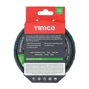 TIMCO Flap Disc Zirconium Type 29 Conical P60 Grit - 115 x 22.23