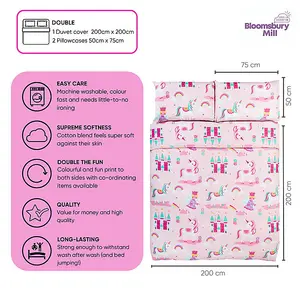 Bloomsbury Mill - Magic Unicorn Kids Double Bed Duvet Cover and Pillowcases Set for Girls - Double - 200 x 200cm