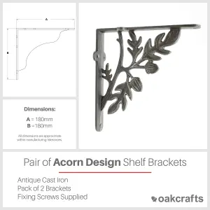 Oakcrafts - Pair of Antique Cast Iron Acorn Design Shelf Brackets - 180mm x 180mm