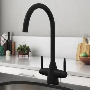 Matt Black Dual Lever Kitchen Sink Mixer Tap Swivel Spout & Basket Strainer Waste