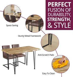 Hallowood Furniture Cullompton Large Dining Table 120cm, Live Edge Effect Top, and 4 Brown Leather Effect Dining Chairs