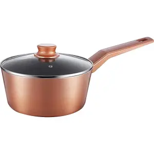 18cm Non Stick Casserole Sauce Pan - With Clear Lid - Made From Durable Stainless Steel - Finished In Metallic Copper