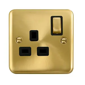 Curved Satin / Brushed Brass 1 Gang 13A DP Ingot Switched Plug Socket - Black Trim - SE Home