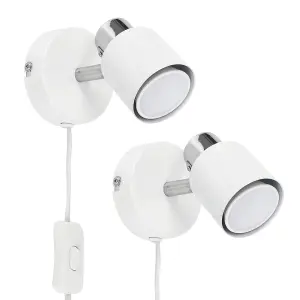 ValueLights Pair Of White And Chrome Single Adjustable Wall Spotlights With Plugs Cable And Switches