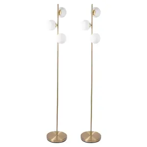 First Choice Lighting Pair of Satin Brass Floor Lamps with Opal Globe Shades