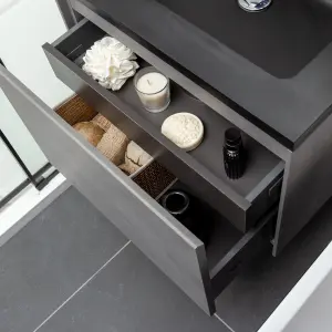 Rigel Concrete Wall Hung Bathroom Vanity Unit with Black Basin (W)600mm (H)450mm