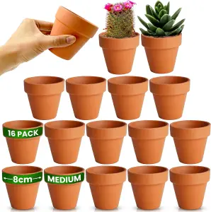 Terracotta Plant Pots - 8cm Small Clay Pots Pack of 16 - Multi-Purpose Mini Pots for Plants, Succulents, Candle Making & Crafts