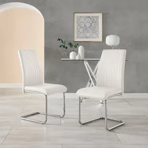 Set of 2 Lorenzo White High Back Stitched Soft Touch Faux Leather Chromed Cantilever Metal Leg Dining Chairs