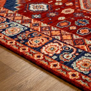 Persian Red Traditional Geometric Bordered Wool Rug for Living Room & Bedroom-120cm X 180cm