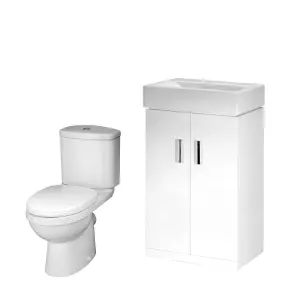 Cloakroom Suite - Floor Standing Vanity Basin Unit, Toilet and Seat - Gloss White