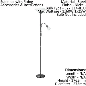 Floor Lamp Light Nickel Shade White Plastic Glass Bulb E27 E14 1x60W 1x25W