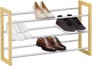 MantraRaj 3 Tier Shoe Rack Extendable Chrome Plated Metal with Pinewood Frame Shoe Storage Cabinet Holds up to 18 Pairs of Shoes